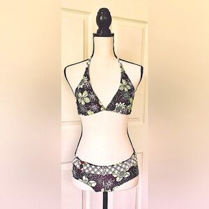 Green Floral & Brown Reversible Swimsuit Bikini: Plaid Pattern, Cheeky Bottoms